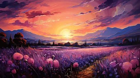 Beautiful Nature Flower Field Sunset Illustration - Heroscreen PC Wallpapers 4K