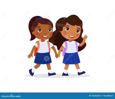 Two Schoolgirls Going To School Flat Vector Illustration. Couple Pupils In Uniform Holding Hands ...