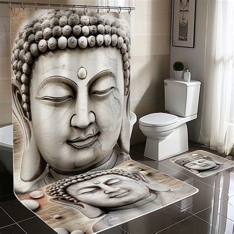 Modern Minimalist Buddha Face Design Bathroom Set with Shower Curtain Grey Stone Pattern ...