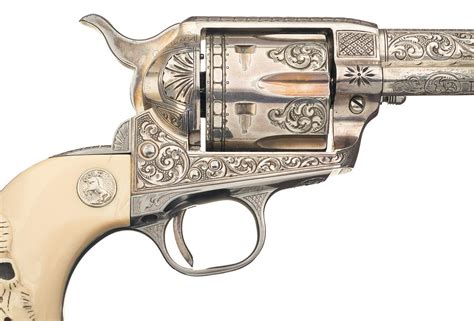 Custom Engraved Silver Plated Colt Single Action Army Revolver with Carved Ivory Grips