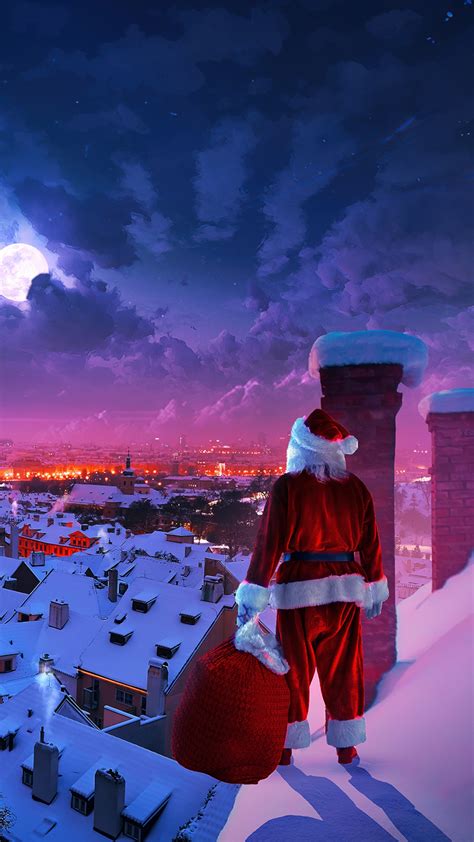 Santa Claus Wallpaper 4K, Christmas Eve, Full moon, Winter