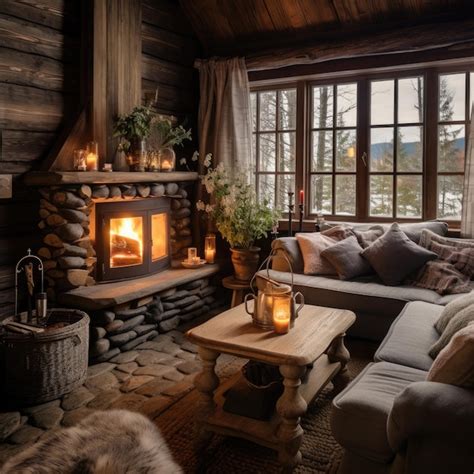 Premium AI Image | Wooden Cottage Living Room with Fireplace