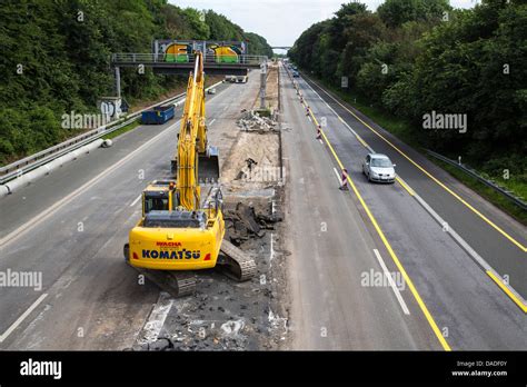 HIghway construction work. A52 German Autobahn, highway. Bridge construction, renovation of an ...