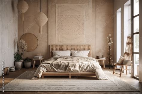 Bedroom with macrame wall art and wallpaper in white and beige tones. rugs, wooden furnishings ...