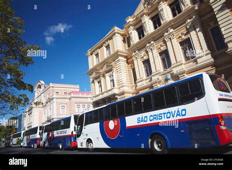 Tourist buses parked outside museums in Praca da Liberdade, Belo Horizonte, Minas Gerais, Brazil ...