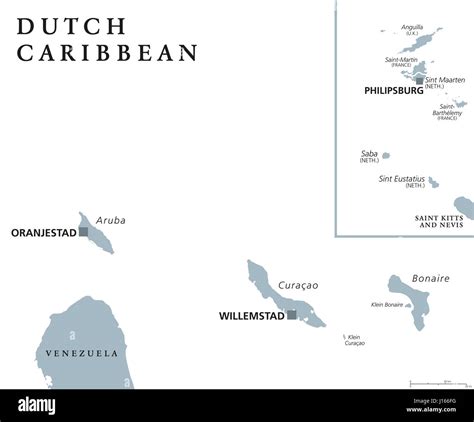 Dutch Caribbean political map with Aruba, Curacao, Bonaire, Sint ...