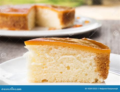 Sliced Caramel Custard Cake on White Plate. Sweet and Moist Dessert Stock Image - Image of ...