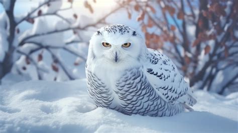 Premium AI Image | Snowy owl in the snow with a tree in the background