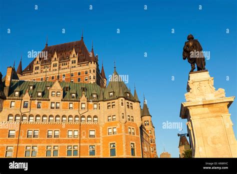 Canada, Quebec, Quebec City, Old architecture with statue Stock Photo ...