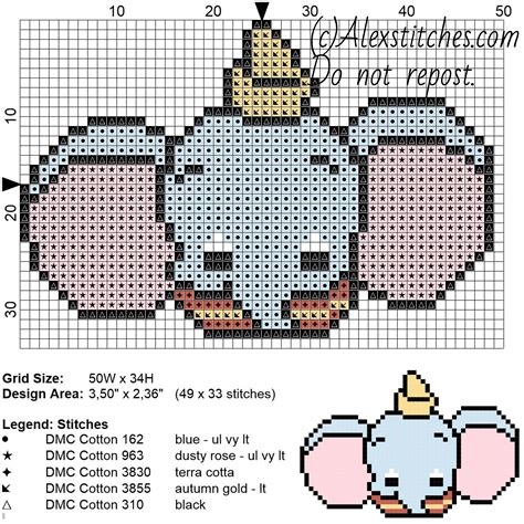 Dumbo Disney Cuties free cross stitch pattern 50x34 5 colors | Disney ...