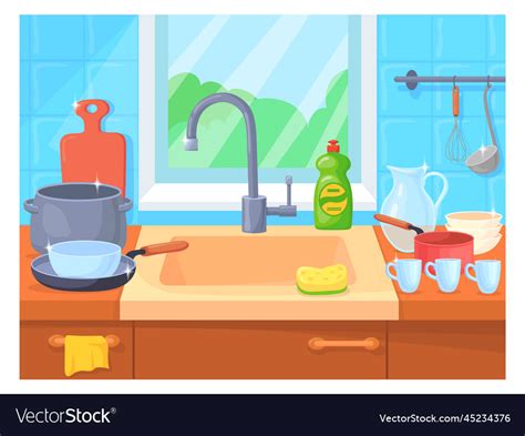 Clean shiny dishes in kitchen sink cartoon Vector Image