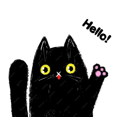 Premium Vector | Black cat says hello cat waves his paw animal greets ...