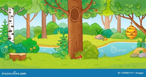 Vector Illustration with Summer Forest and Small River Stock Illustration - Illustration of ...