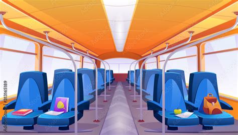 School bus interior with blue seats. Vector cartoon empty passenger ...