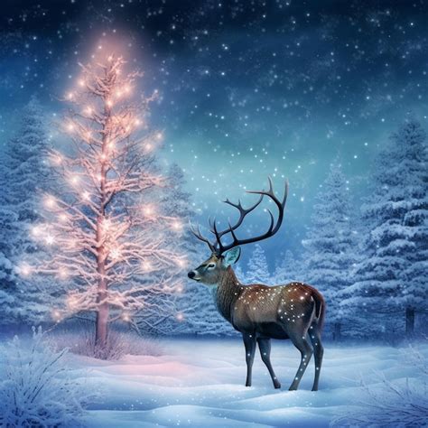 Premium AI Image | a deer is standing in the snow with a christmas tree ...