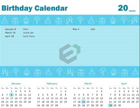 Birthday Calendar Template | Free Excel Calendar and Planners