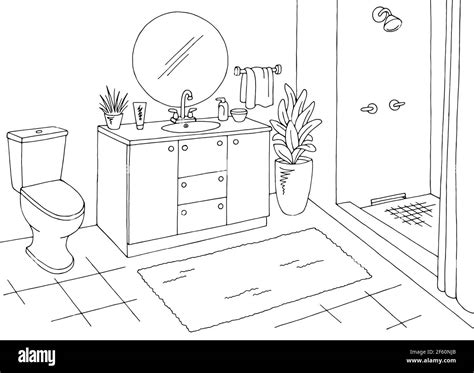 Bathroom graphic home interior black white sketch illustration vector Stock Vector Image & Art ...