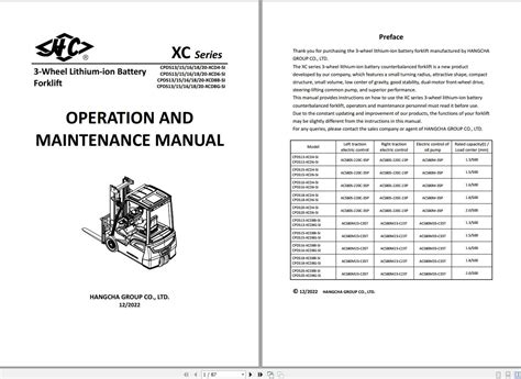 Hangcha Forklift XC Series Operation and Maintenance Manual 12.2022