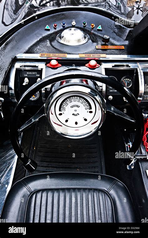 Drivers seat and steering wheel, Batmobile vehicle interior Stock Photo - Alamy