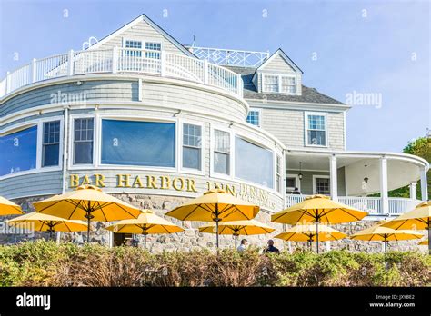 Bar Harbor, USA - June 8, 2017: Oceanfront resort inn with waterfront restaurant in downtown ...