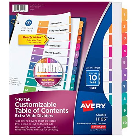 Avery 10-Tab Extra-Wide 3 Ring Binder Dividers, Customizable Table of Contents, Multicolor Tabs ...