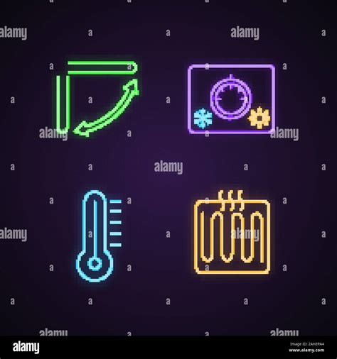 Air conditioning neon light icons set. Climate control knob, heating element, thermometer, air ...