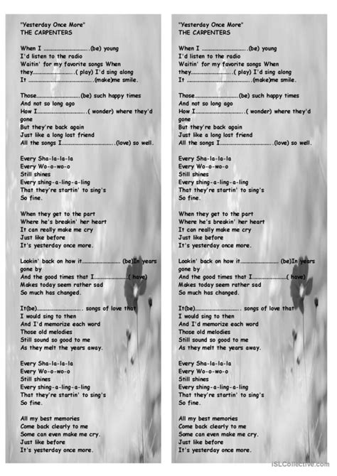 Yesterday once more. song and nurser…: English ESL worksheets pdf & doc