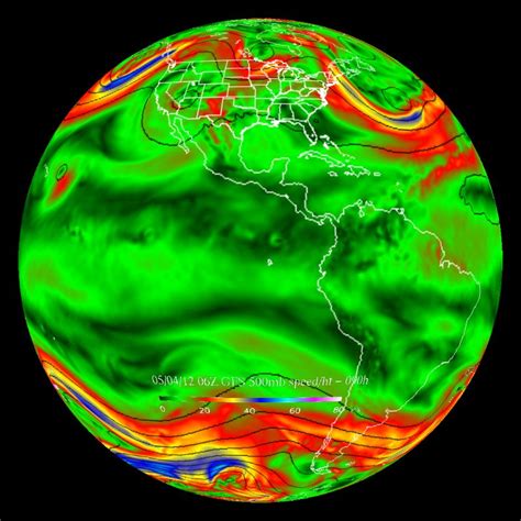 GFS Forecast Model: 500mb Wind Speed and Height Contours - Real-time Dataset | Science On a Sphere