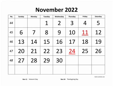 Free Download Printable November 2022 Calendar, large font design ...