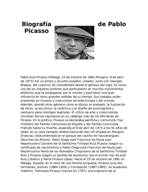 Cuál Es El Resumen De La Biografía De Pablo Picasso