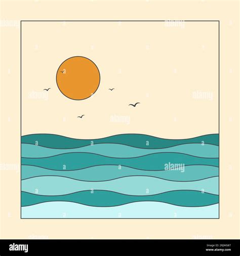 Ocean sunset view aesthetic colorful illustration postcard Stock Vector ...