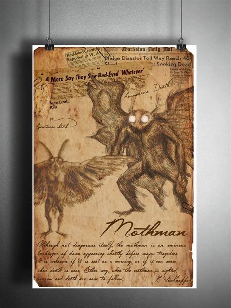 The Mothman cryptid art, urban legend bestiary cryptozoology science journal art, monsters and ...