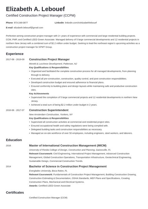 Construction Project Manager Resume Examples for 2024