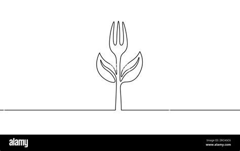 Eco fork vegan logo. One continuous like sketch food market. Organic farm healthy meal fork with ...