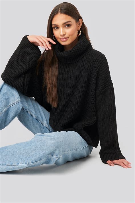 Oversized High Neck Knitted Sweater Black | na-kd.com