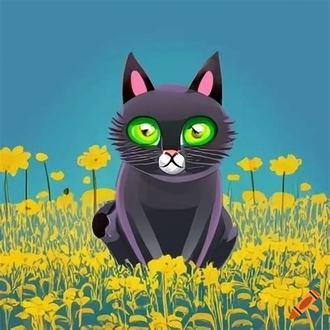 Cartoon black cat with green eyes in a field of yellow flowers