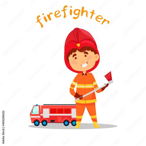 Cute kid playing firefighter. Fire truck and cartoon character ...