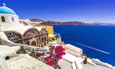 Man Made House Man Made Santorini Greece White Flower Sea Wallpaper | Santorini greece, Island ...