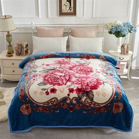 Soft Warm Plush Reversible Bed Blanket Blue Flower Printed Blanket 76 x ...