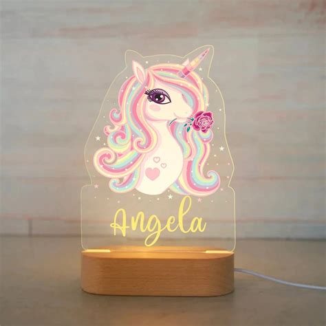 Night Light Rainbow Unicorn LED USB Night Light Custom Nursery Name Acrylic Lamp Wood Base for ...