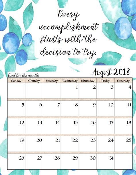 FREE Printable 2018 Monthly Motivational Calendars. Space for setting goals, different ...