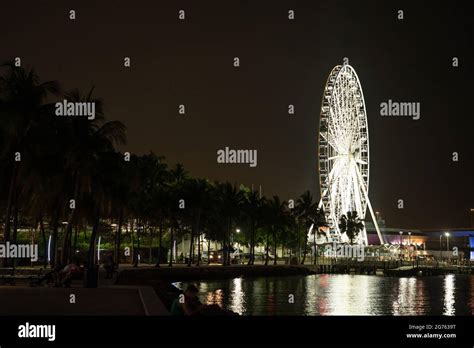 Miami, FL, USA - July 9, 2021: Skyviews Miami ferris wheel and Hard Rock Cafe at Bayside Miami ...