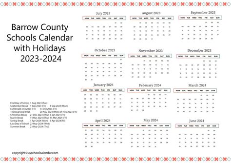 Barrow County Schools Calendar with Holidays 2023-2024