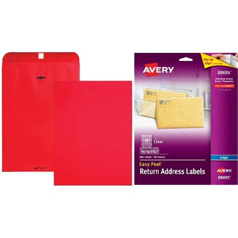 Quality Park Brightly Colored 9x12 Clasp Envelopes and Avery Return Address Inkjet Label, White ...