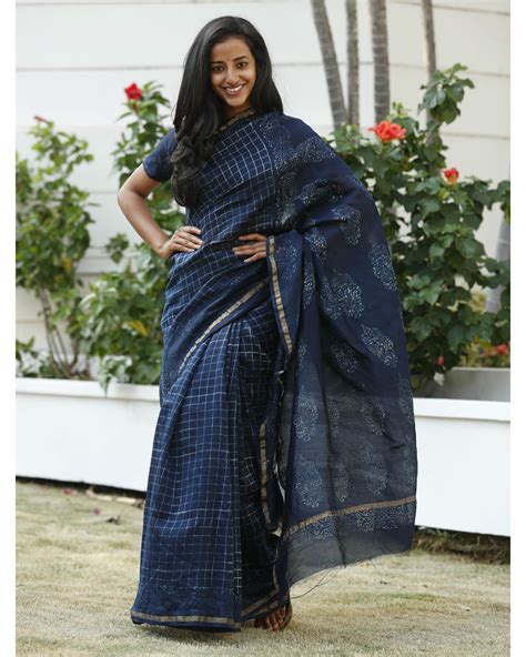 Indigo square chanderi cotton sari by Desi Doree | The Secret Label