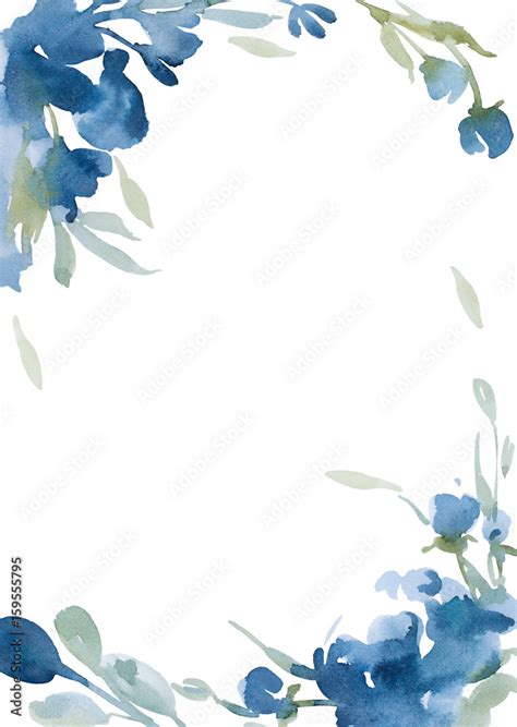 watercolor blue flowers with gray grass on white background for ...