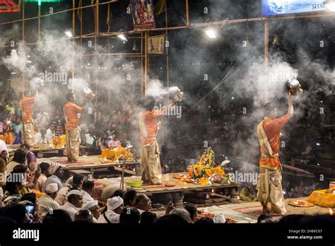 Men perform the nightly Hindu Puja Rituals in Varanasi, Uttar Pradesh ...