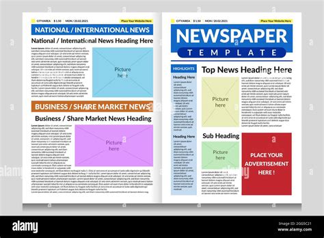 Newspaper front page design template. Newspaper sample design with heading, body text and ...