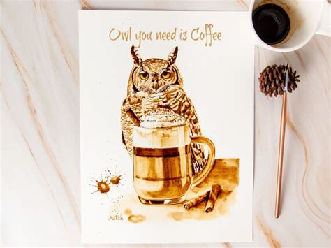 Coffee Bar Decor Owl Gifts Owl Art Print Coffee Painting - Etsy