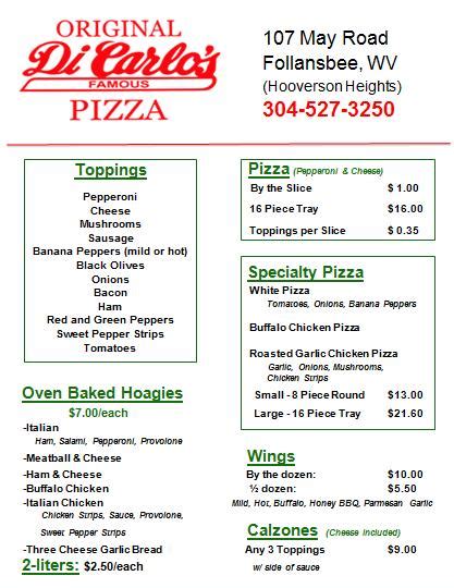 Menu at DiCarlo's Pizza pizzeria, Follansbee, 107 May Rd